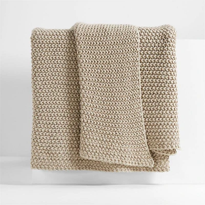 Organic Cotton 80"x80" Sand Beige Chunky Hand-Knit Bed Throw Blanket