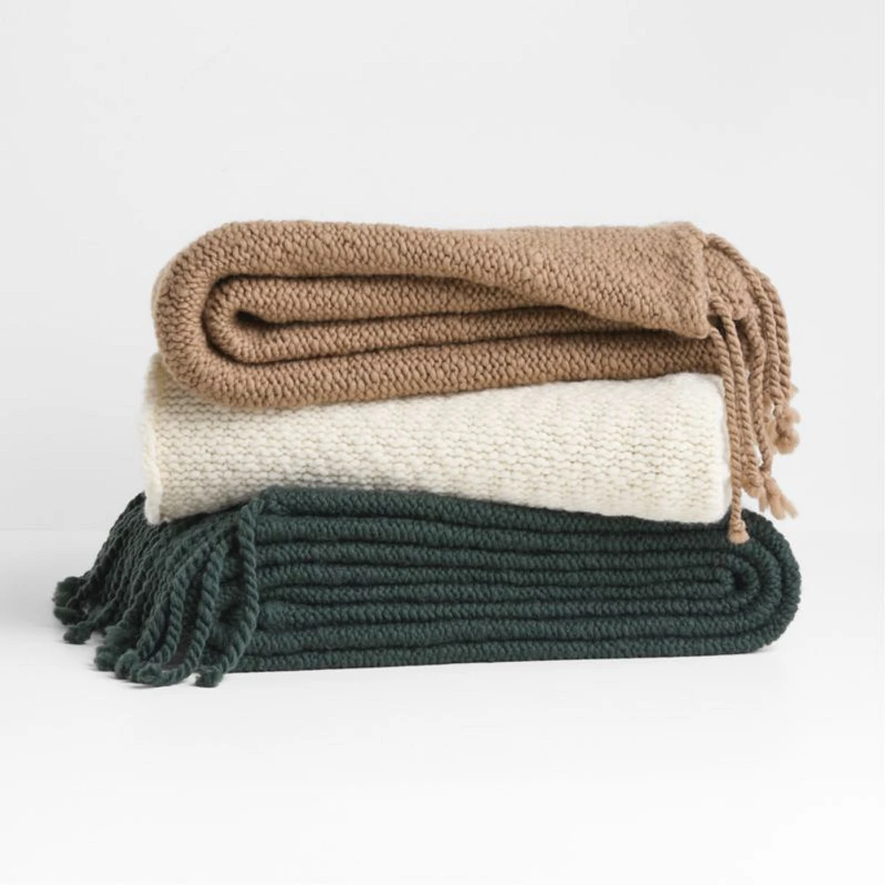 Chunky Wool Fringe Knit 70"x55" Travertine Beige Throw Blanket