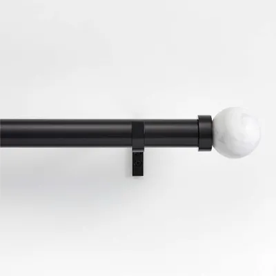 Black 1.5" Standard Curtain Rod and Large Round Marble End Cap Finials Set 28"-48"