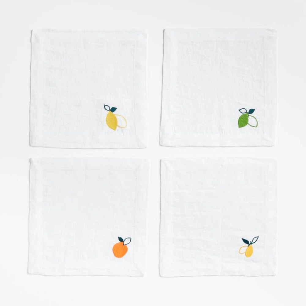 Citrus Embroidered EUROPEAN FLAX ™-Certified Linen Cocktail Napkins, Set of 4