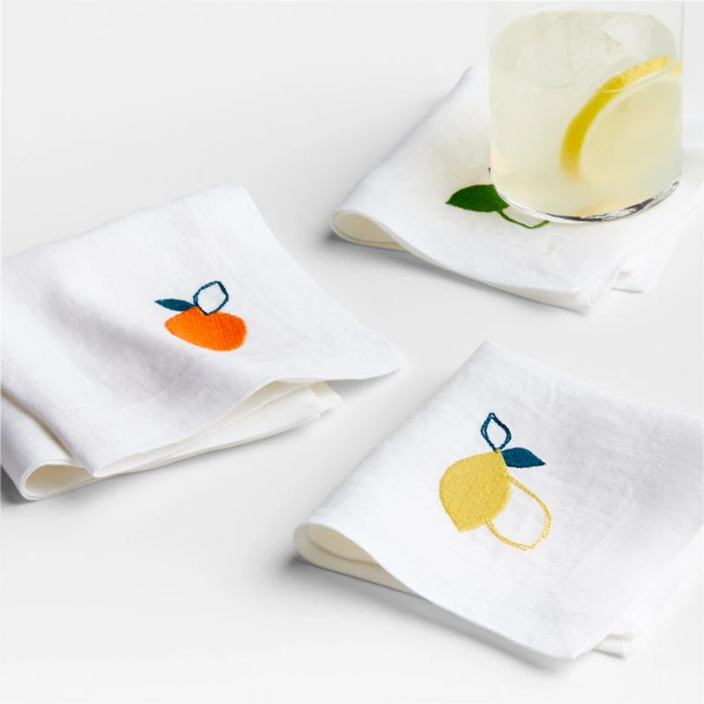Citrus Embroidered EUROPEAN FLAX ™-Certified Linen Cocktail Napkins, Set of 4