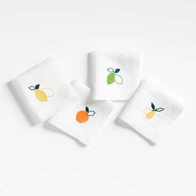Citrus Embroidered EUROPEAN FLAX ™-Certified Linen Cocktail Napkins, Set of 4