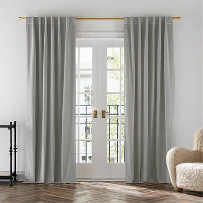 Pebble Grey Cotton Velvet Window Curtain Panel with Lining 48"x96"