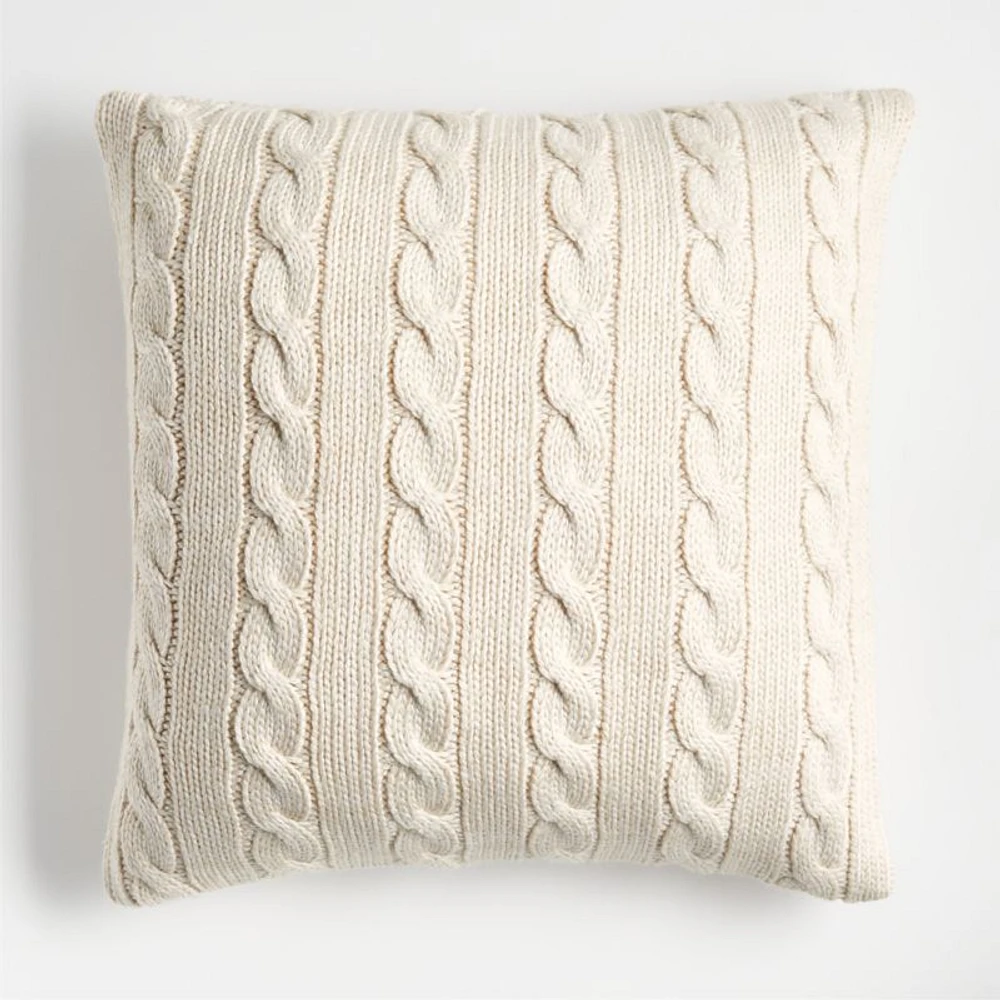 Alabaster Ivory Wool Blend Cozy Cable Knit 23"x23" Throw Pillow Cover