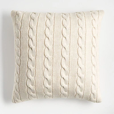 Alabaster Ivory Wool Blend Cozy Cable Knit 23"x23" Throw Pillow Cover