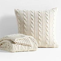Alabaster Ivory Wool Blend Cozy Cable Knit 23"x23" Throw Pillow Cover