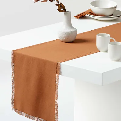 Craft Fringed Almond Brown Cotton Table Runner 90"
