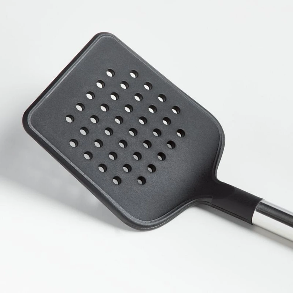 Crate & Barrel Black Silicone and Stainless Steel Slotted Turner Spatula