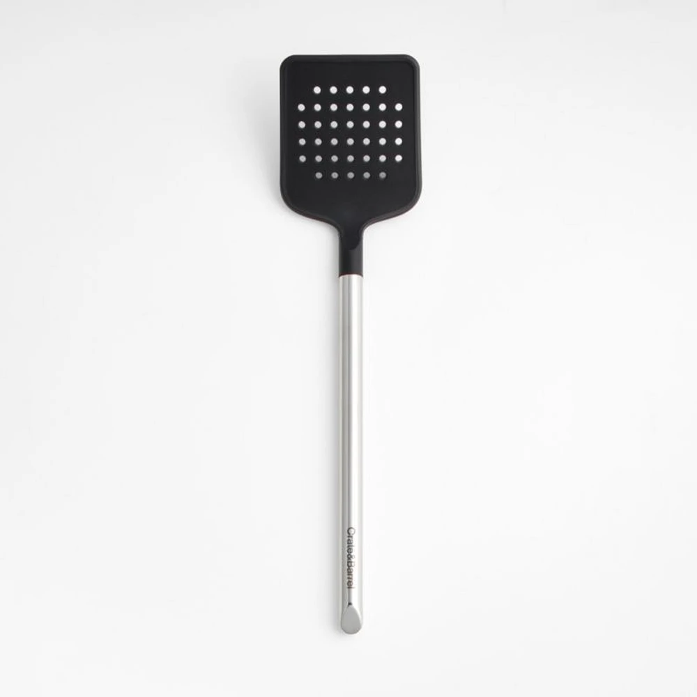 Crate & Barrel Black Silicone and Stainless Steel Slotted Turner Spatula