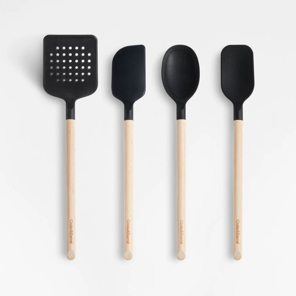 Crate & Barrel Black Silicone and Wood Utensil, Set of 4