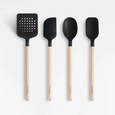 Crate & Barrel Black Silicone and Wood Utensil, Set of 4