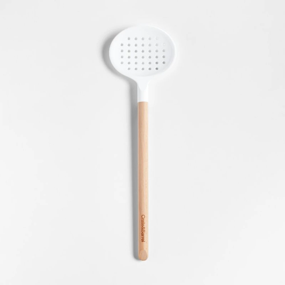 Crate & Barrel Wood and White Silicone Slotted Spoon
