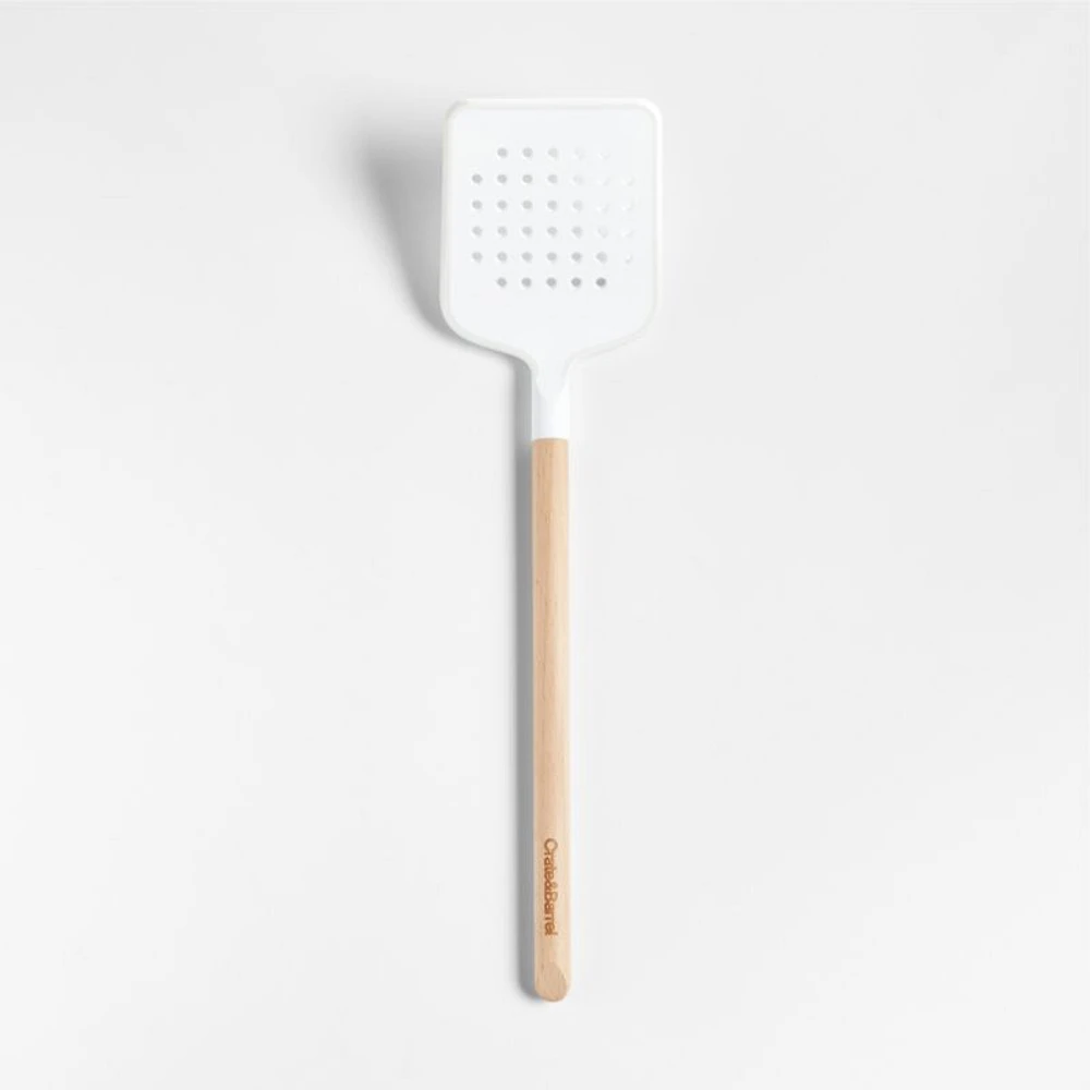 Crate & Barrel White Silicone and Wood Slotted Turner Spatula