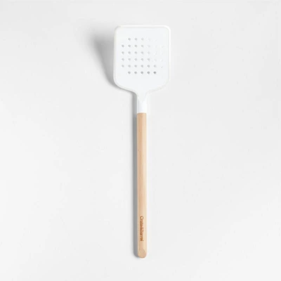 Crate & Barrel White Silicone and Wood Slotted Turner Spatula