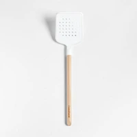 Crate & Barrel White Silicone and Wood Slotted Turner Spatula
