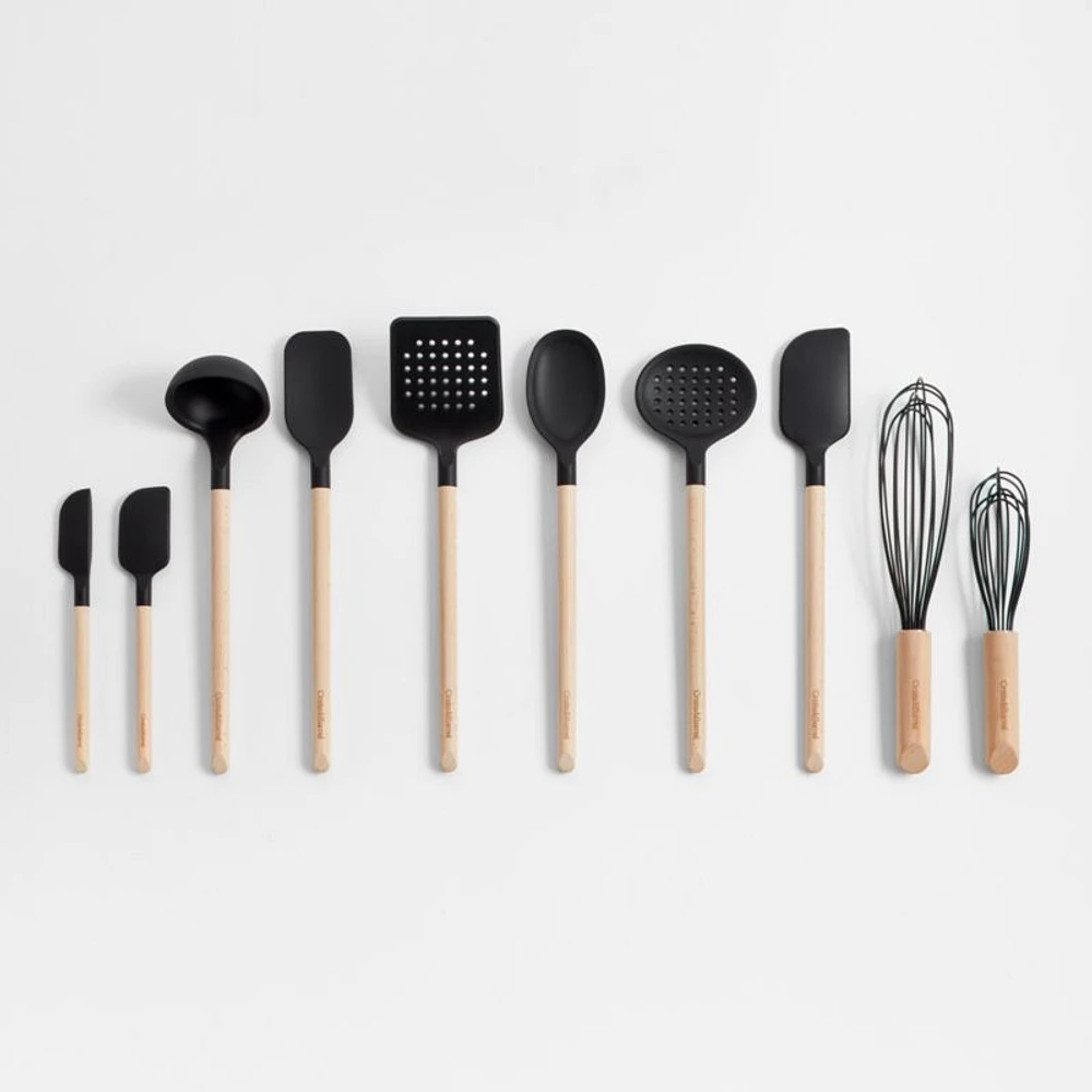 Crate & Barrel Wood and Black Silicone Utensils, Set of 10