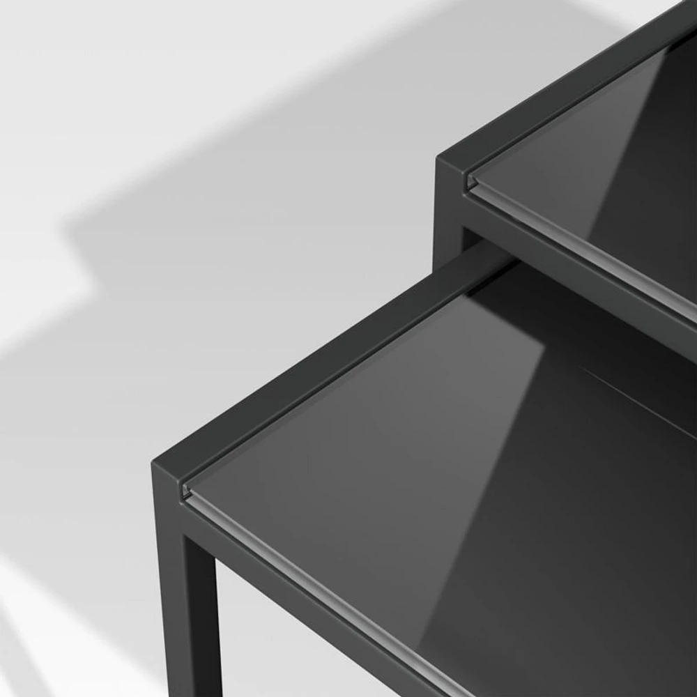 Dune Black Outdoor Nesting Tables with Black Painted Glass, Set of Two