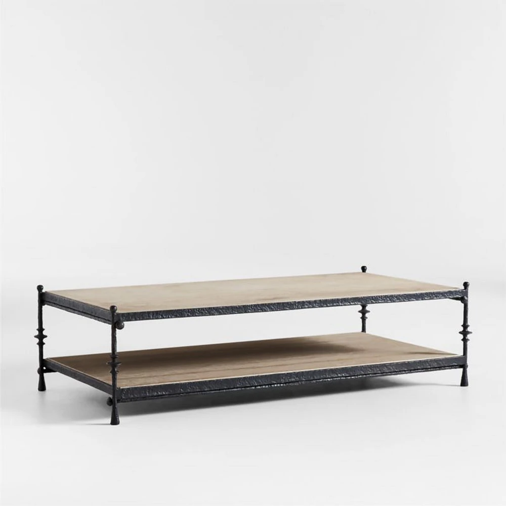Estate Travertine and Metal 64" Rectangular Coffee Table with Shelf by Jake Arnold