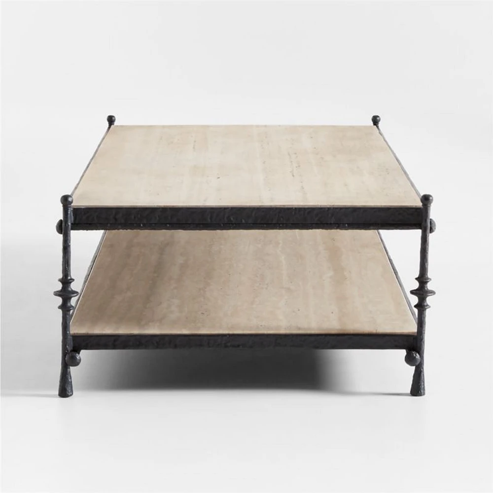 Estate Travertine and Metal 64" Rectangular Coffee Table with Shelf by Jake Arnold