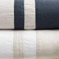 New Natural EUROPEAN FLAX ™-Certified Linen Arcadia Tan and Midnight Navy Border Full/Queen Duvet Cover