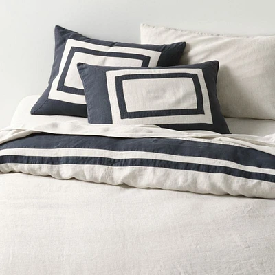 New Natural EUROPEAN FLAX ™-Certified Linen Arcadia Tan and Midnight Navy Border Full/Queen Duvet Cover