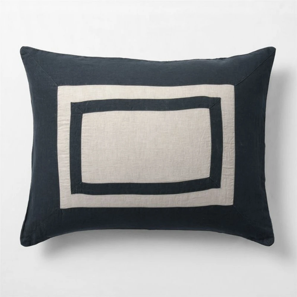 New Natural EUROPEAN FLAX ™-Certified Linen Arcadia Tan and Midnight Navy Border Standard Bed Pillow Sham