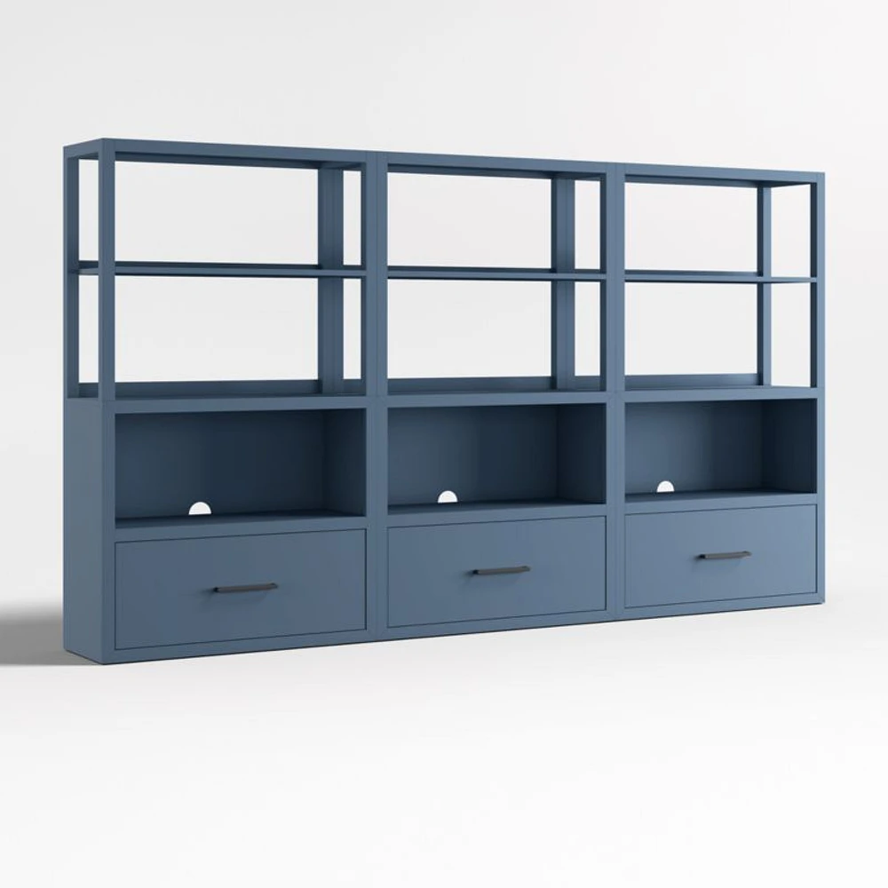 Ever Simple Set of Modular Slate Blue Wood Kids Drawer Bookcases with Hutches