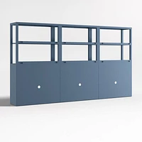 Ever Simple Set of Modular Slate Blue Wood Kids Open Bookcases with Hutches