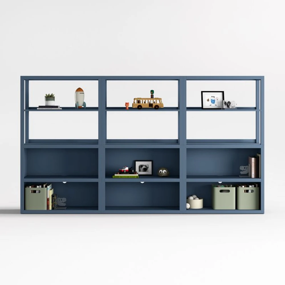 Ever Simple Set of Modular Slate Blue Wood Kids Open Bookcases with Hutches