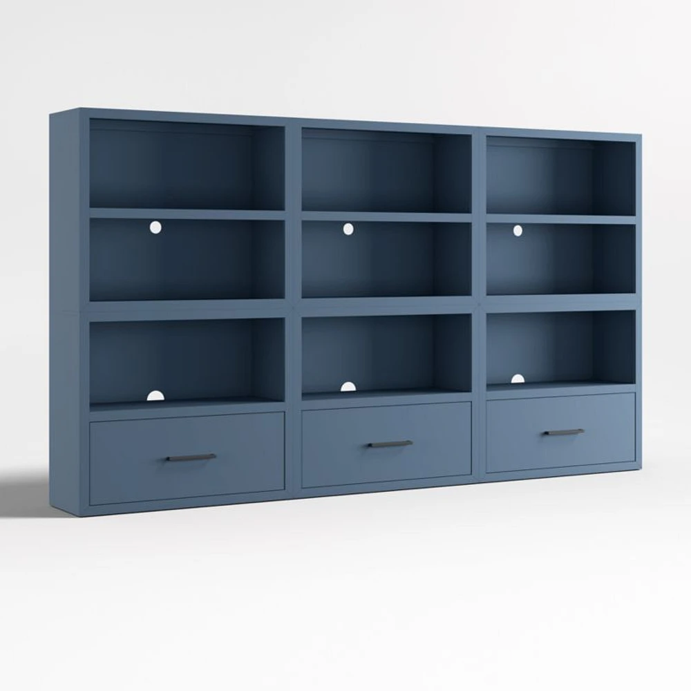 Ever Simple Set of Modular Slate Blue Wood Kids Open Bookcases with Drawers