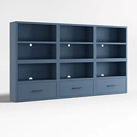 Ever Simple Set of Modular Slate Blue Wood Kids Open Bookcases with Drawers
