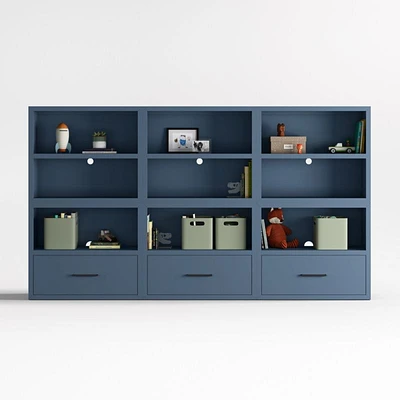 Ever Simple Set of Modular Slate Blue Wood Kids Open Bookcases with Drawers