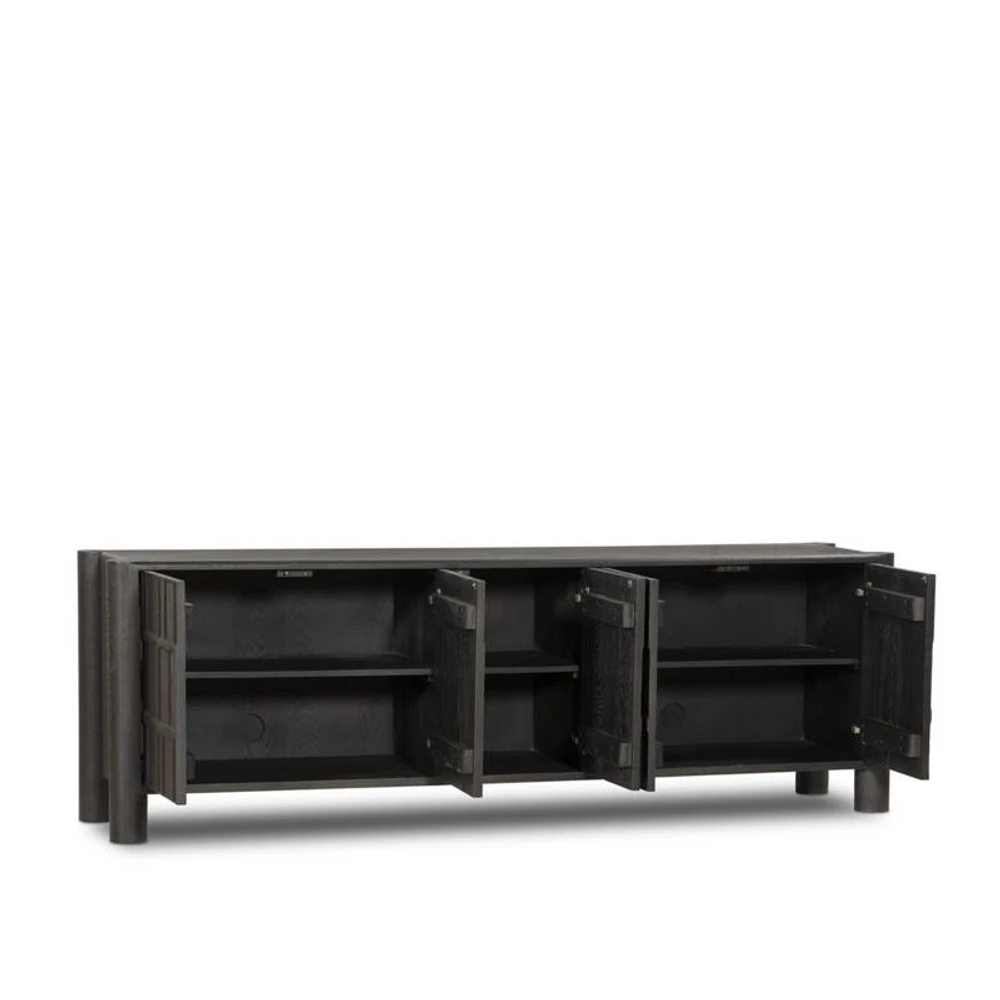 Ezri 82" Black Carved Oak Wood Storage Media Console