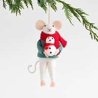 Felted Wool Mouse with Snowman Christmas Ornament
