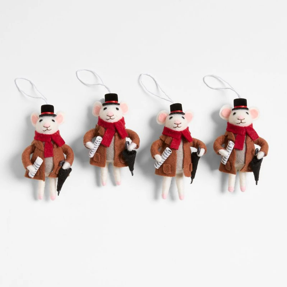 Felted Wool Mouse with Umbrella Christmas Ornaments, Set of 4