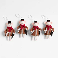 Felted Wool Mouse with Umbrella Christmas Ornaments, Set of 4