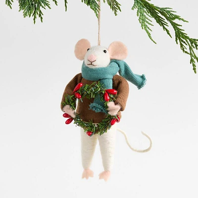 Felted Wool Mouse with Wreath Christmas Ornament