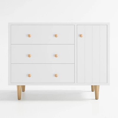 Finn Narrow White Wood 3-Drawer Kids Dresser with Door