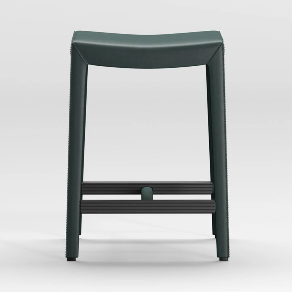 Folio Dark Green Top-Grain Leather Backless Counter Stool