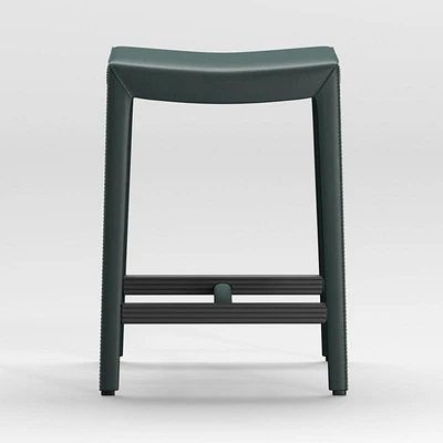 Folio Dark Green Top-Grain Leather Backless Counter Stool