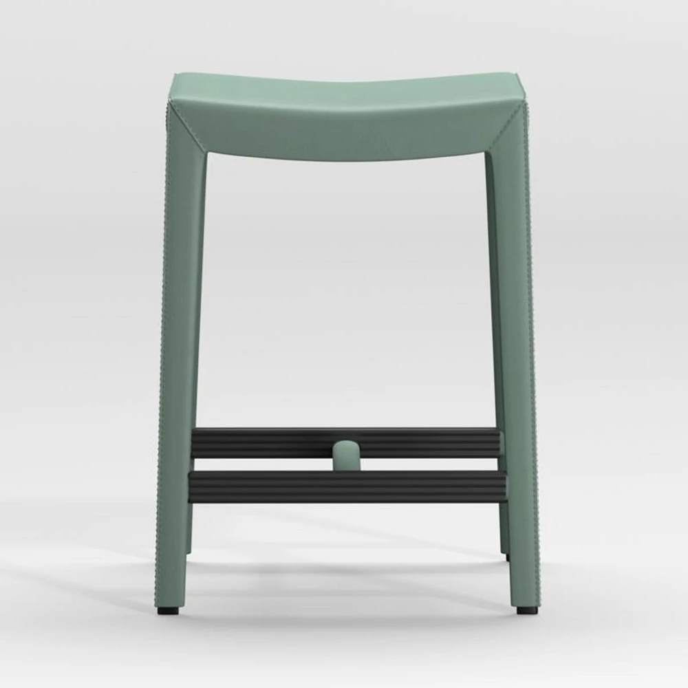 Folio Green Top-Grain Leather Backless Counter Stool