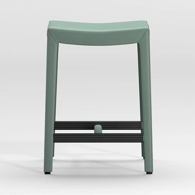 Folio Green Top-Grain Leather Backless Counter Stool
