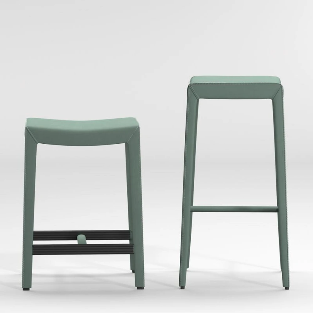 Folio Green Top-Grain Leather Backless Counter Stool