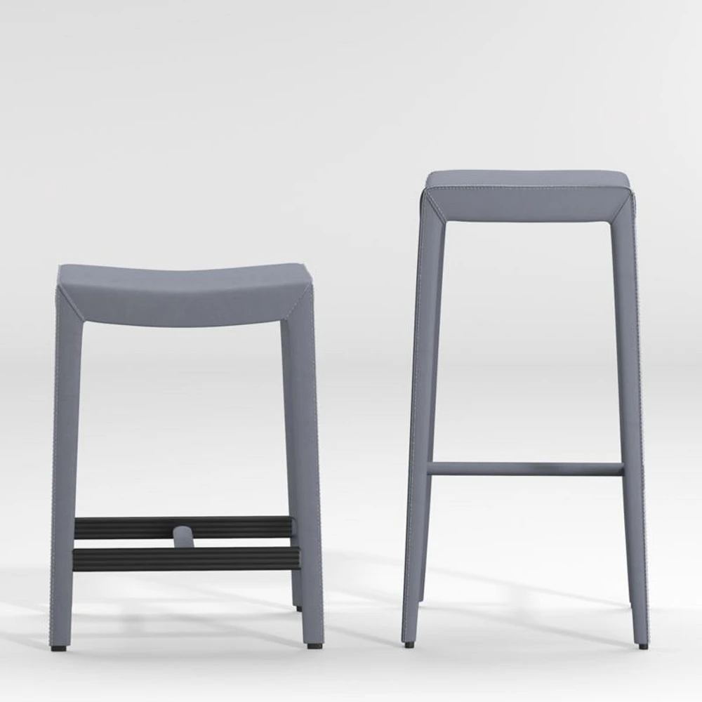 Folio Slate Blue Top-Grain Leather Backless Counter Stool