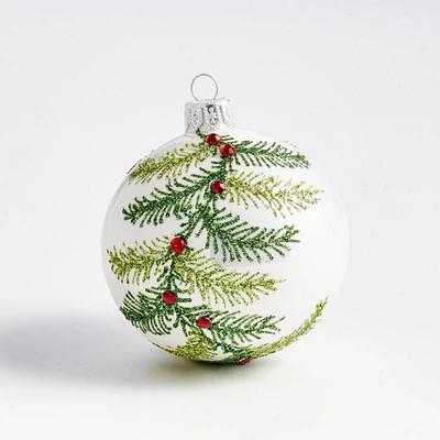 Glitter Pine Ball Christmas Ornament with Red Crystals, Set of 4