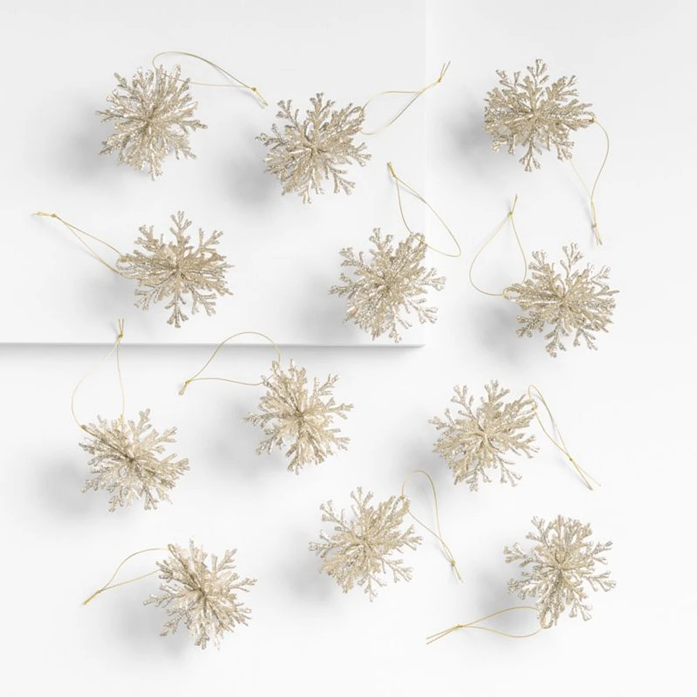 Gold Glitter Snowflake Christmas Ornaments, Set of 12