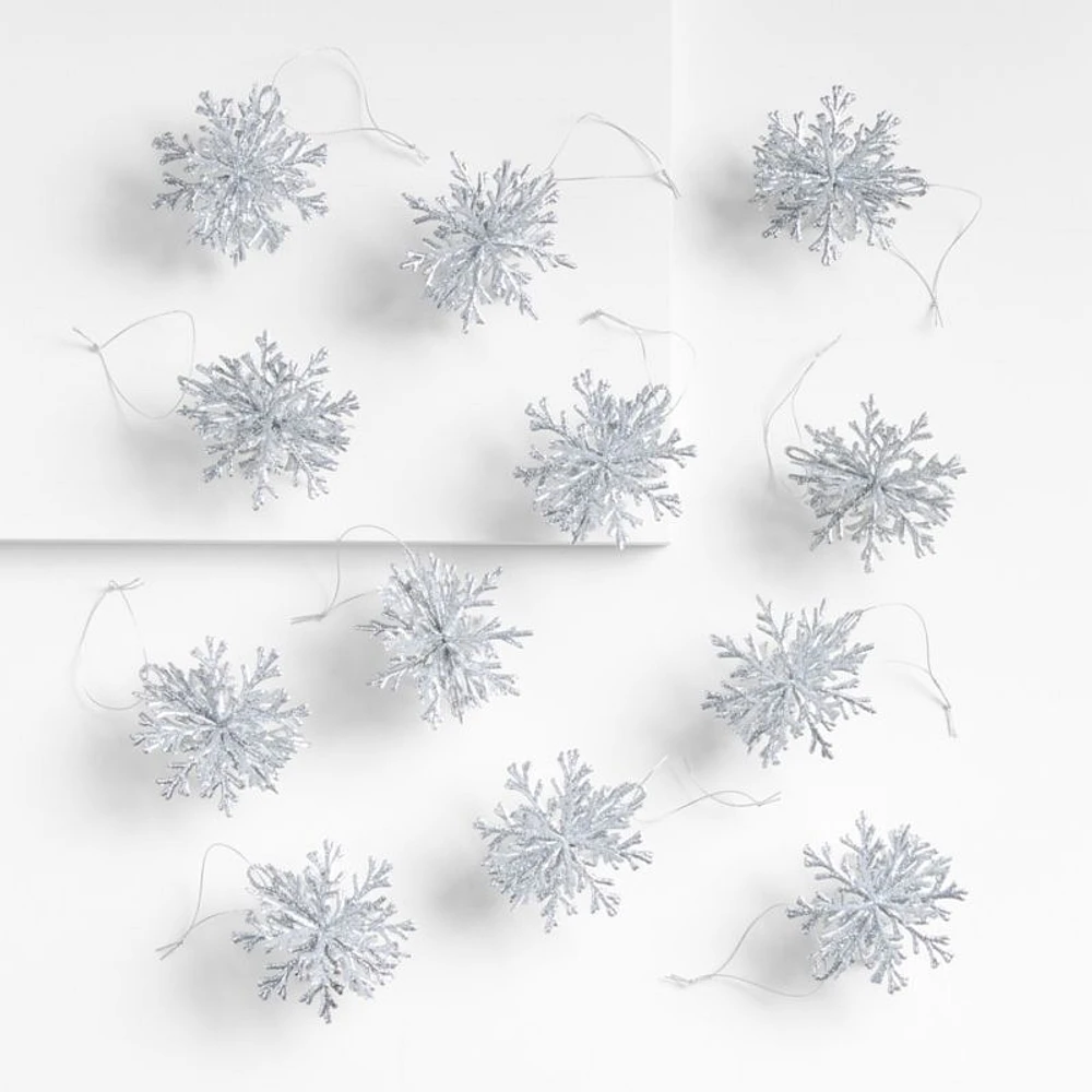 Silver Glitter Snowflake Christmas Ornaments, Set of 12