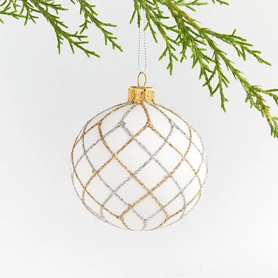 Silver and Gold Glitter Net White Glass Ball Christmas Tree Ornament, Set of 4