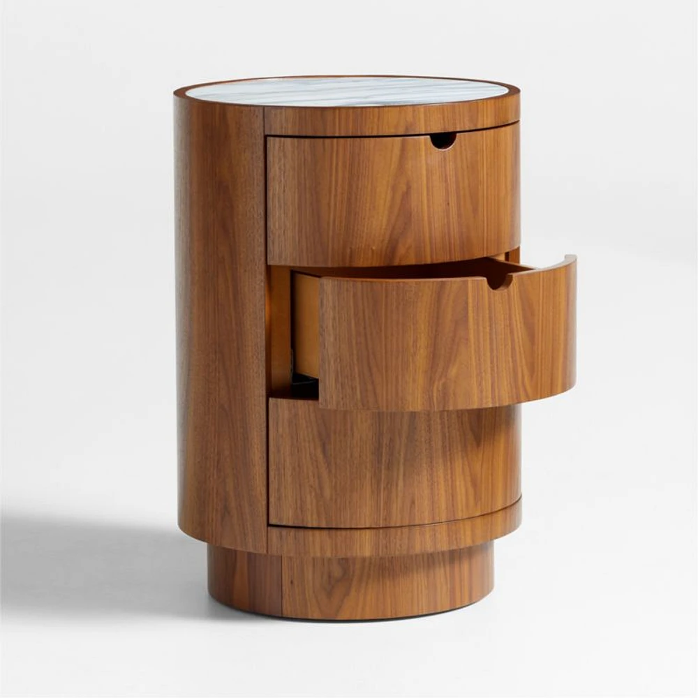 Gracia Walnut Wood and Marble Nightstand with Drawers