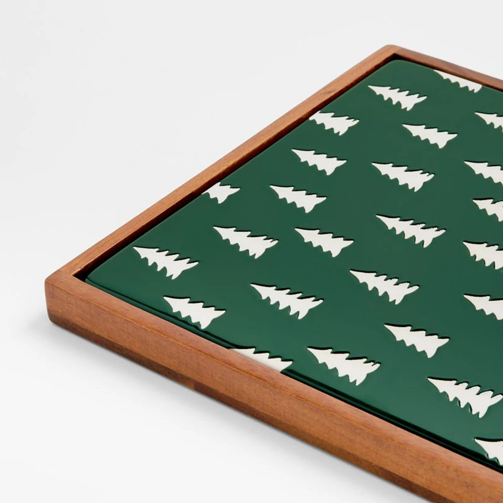 Green Trees Stoneware with Acacia Wood Trivet